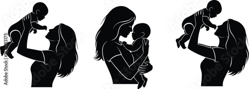 Mother holding baby silhouette showing love care bonding family motherhood concept for poster design, flat vector illustration