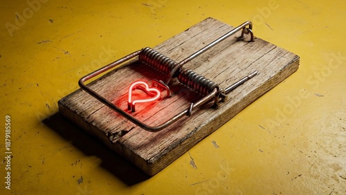 Vintage wooden mousetrap with glowing red heart on yellow background symbolizing love trap or relationship concept