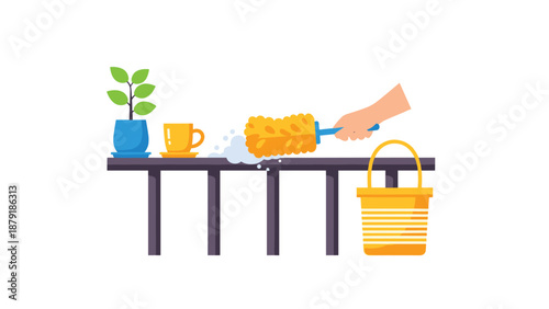 A hand cleaning a table with a duster, next to a plant, cup, and bucket, illustrating cleaning, hygiene, and home maintenance on a white background.