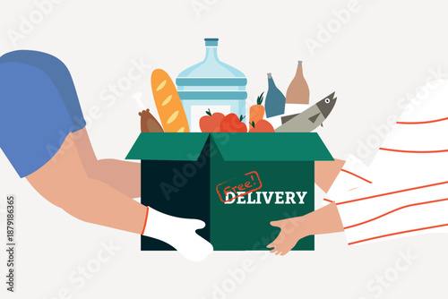 Hands delivering grocery box illustration vector