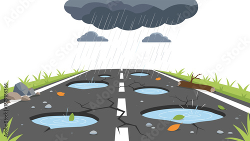 A damaged asphalt road with potholes filled with water, cracks, and debris, under a rainy sky, depicting poor road conditions on a white background.
