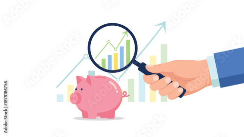 A hand holding a magnifying glass over a piggy bank and a rising financial graph, symbolizing financial analysis, investment, and growth on a white background.