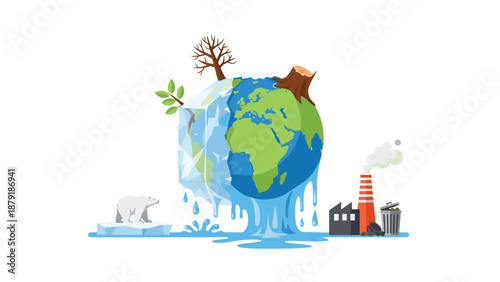 A melting Earth with a polar bear on an ice floe, surrounded by deforestation and factory pollution, symbolizing climate change and environmental crisis on a white background.