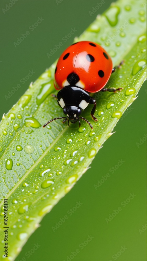 Obraz premium close ladybug green leaf ladybug red black spots its body legs facing towards right side appears walking leaf water droplets surface leaf indicating has recently rained background blurred focus