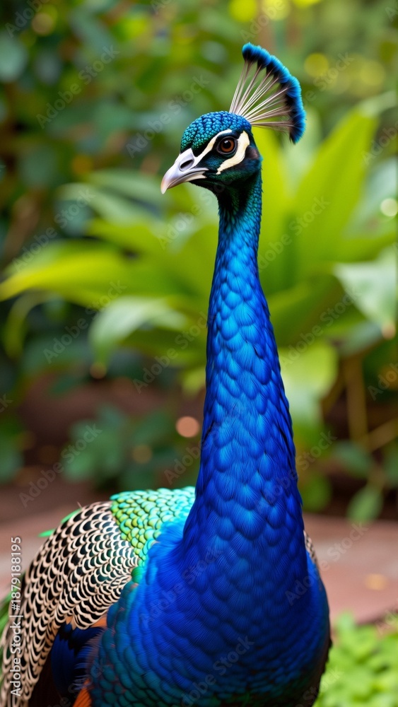 Obraz premium close peacock head neck peacock standing wooden surface green foliage background head turned slightly side its beak slightly open its eyes looking towards right side feathers peacock vibrant colorful