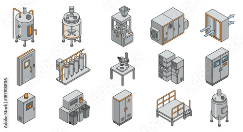 Isometric 3D Icons for Emergency Response, Industrial Construction Site Equipment, Mobile Command Center, Power Generator, Modular Housing, and Logistics Containers on White Background
