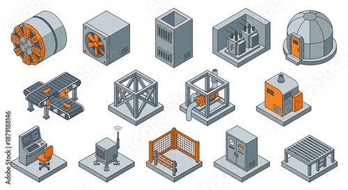 Isometric Industrial Machinery and Factory Equipment Icon Set for Manufacturing, Engineering, and Production. 3D Technical Vector Illustration for Business Presentations and Web Design.