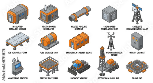 Isometric Industrial Equipment and Smart Factory Machinery Icon Set for Manufacturing Automation, Warehouse Logistics, and Industrial Facility Management, 3D Blue Vector Graphics