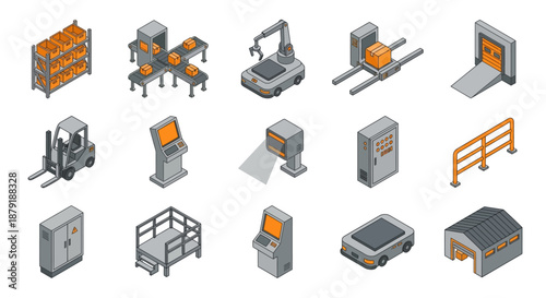 Isometric Warehouse Logistics and Automation Icon Set, Smart Factory Industry 4.0 Supply Chain Equipment, E-commerce Fulfillment and Distribution Center Vector Illustration, Grey and Orange