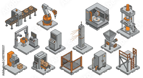 Gray and orange isometric warehouse robotics pictogram pack showing forklift, conveyor and robotic arm for manufacturing logistics, Industry 4.0 automation dashboards and business presentations