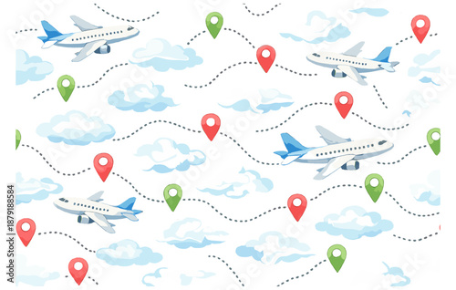 Airplanes flying with map markers and clouds seamless pattern