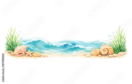 Seashells and ocean waves in a tranquil beach setting