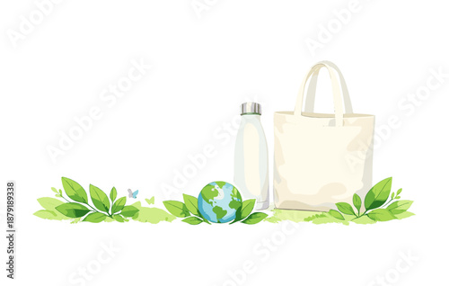 Eco-friendly lifestyle with reusable tote bag and water bottle surrounded by greenery