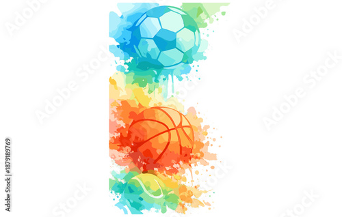 Colorful abstract art featuring watercolor soccer, basketball, and tennis balls