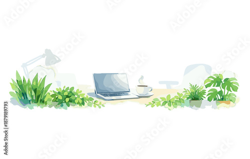 Cozy home office with laptop, plants, and coffee cup on desk