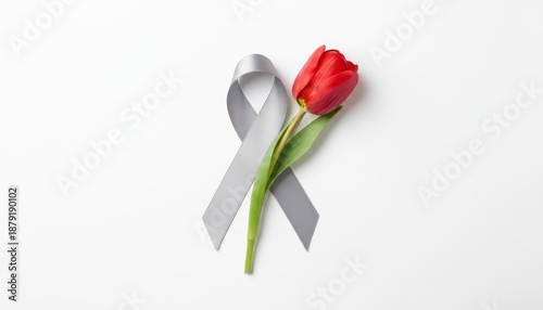 Red tulip tied gray Parkinson ribbon white background awareness symbol