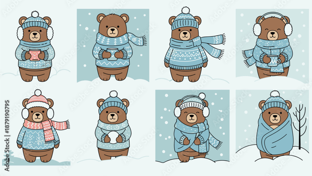 Fototapeta premium Vector Line Art Collection of Cute Winter Bears Wearing Cozy Clothes