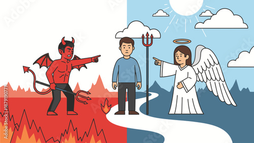 Vector Cartoon Illustration of Angel and Devil Guiding a Man Toward Heaven or Hell