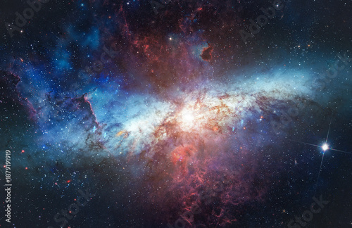 Bright galaxy with stars in space. Galaxy Andromeda sci-fi high quality space wallpaper. Nebula in space. Elements of this image furnished by NASA. Photo collage. Not AI