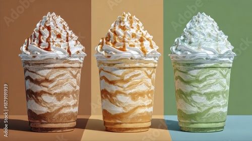 Three iced frappuccino drinks in plastic cups topped with whipped cream and caramel drizzle, each presented against a split color background in brown, beige, and green tones.