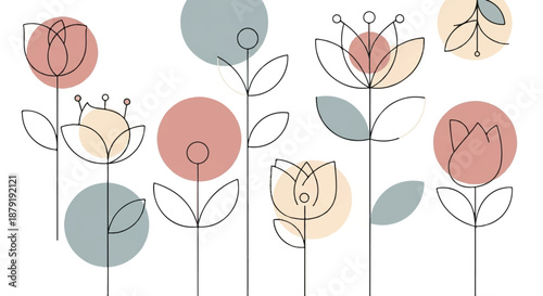 Mid-Century Modern Line Art Flowers with Soft Pastel Geometric Shapes Background