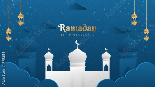 Elegant Ramadan celebration background with Mosque and Lanterns in Blue and Gold