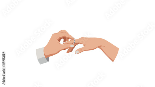 A simple yet profound illustration depicting a man's hand delicately placing a ring onto a woman's finger, symbolizing a significant moment of commitment or proposal, isolated on a white background.