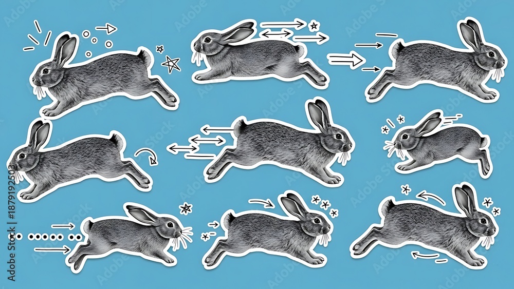 Naklejka premium Multiple grey rabbits in motion against a blue background with motion lines.