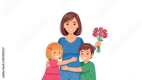 A joyful illustration of a smiling mother holding a beautiful bouquet of red roses, affectionately hugged by her loving son and daughter, celebrating family bonds and Mother's Day.