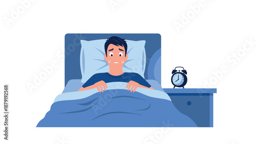 An anxious man lies awake in bed, visibly sweating and looking worried, with an alarm clock on his nightstand, vividly depicting a struggle with insomnia or sleep problems.