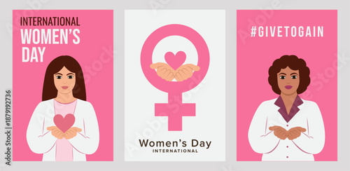 #Givetogain vector illustration poster set celebrating International Women’s Day 2026:women with open palms,hold heart beside a female symbol,inside the Women’s sign woman's open hands symbolize power