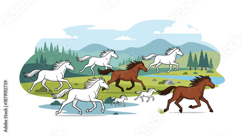 A dynamic herd of horses, including several playful foals, galloping freely across a lush green landscape, with majestic mountains and dense trees forming a picturesque background.