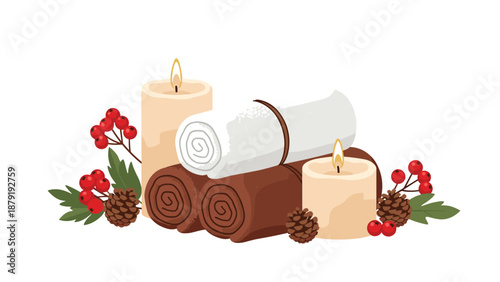 A serene arrangement of spa elements, including neatly rolled towels, softly lit candles, natural pinecones, and vibrant red berries, creating a cozy and relaxing winter spa theme.
