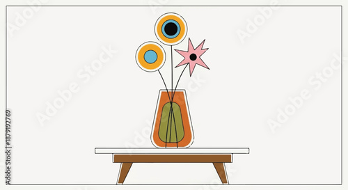 Mid-Century Modern Abstract Floral Art in Stylized Orange Vase for Minimalist Interior Decor