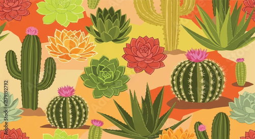 Colorful Succulent and Cactus Garden Pattern on Peach Background