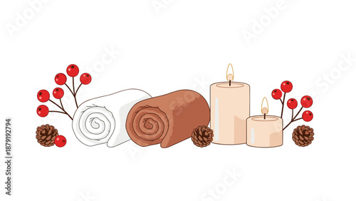 A harmonious horizontal arrangement of spa essentials, featuring neatly rolled towels, softly glowing candles, rustic pinecones, and bright red berries, evoking a tranquil winter spa ambiance.