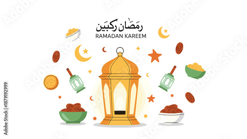 A festive "Ramadan Kareem" greeting, prominently featuring a large ornate lantern, multiple crescent moons, stars, bowls of dates, and traditional food, celebrating the holy month.
