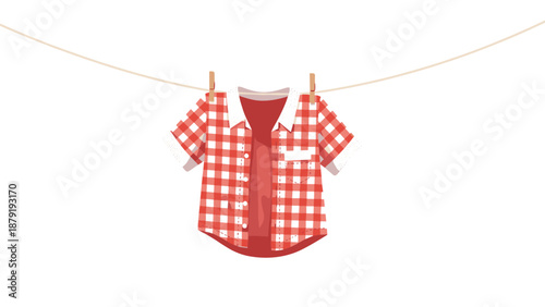 A classic red and white plaid flannel shirt, neatly hanging on a wooden hanger from a clothesline, symbolizing casual fashion, comfort, and everyday attire, isolated on a white background.