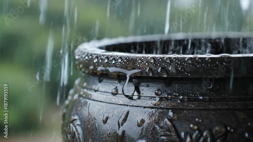 Close up of a textured bronze pot with intricate carvings filled with falling raindrops on a blurry green background during a rain shower