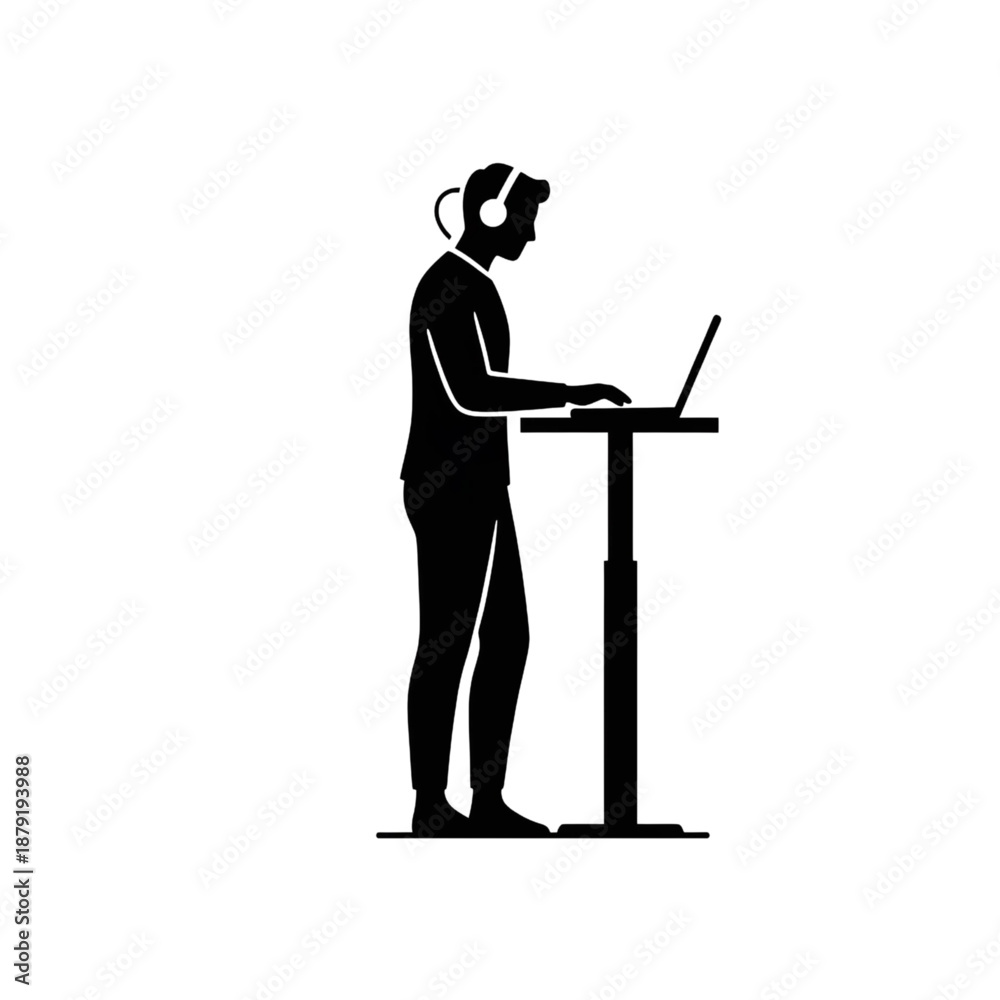 Fototapeta premium Man Working at Standing Desk with Laptop and Headphones Icon – Minimalist Silhouette Representing Remote Work, Ergonomic Office Setup, Freelance Productivity, and Modern Workplace Wellness