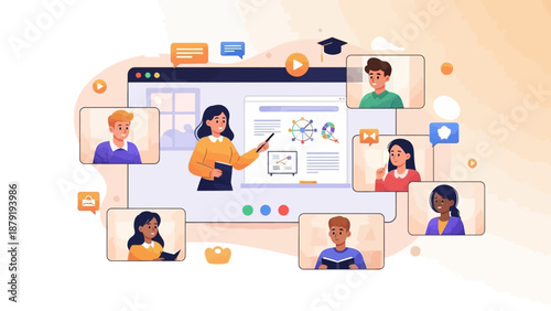 Engaging Online Education Concept Diverse Students Participate in a Virtual Classroom Session Led by a Teacher, Highlighting Modern E-learning and Digital Learning Platforms