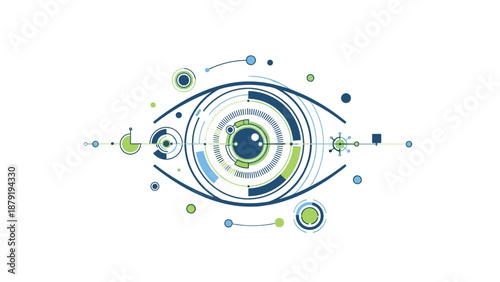 Advanced digital eye graphic featuring intricate blue and green geometric patterns, representing biometric scanning, data analysis, artificial intelligence, and future vision.