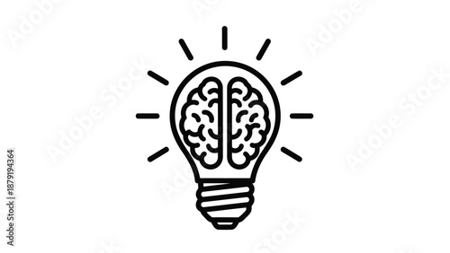Simple Line Art Illustration of a Light Bulb with Brain Inside.