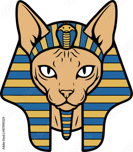 Sphynx Cat Wearing Blue Gold Striped Nemes Headdress Vector Icon