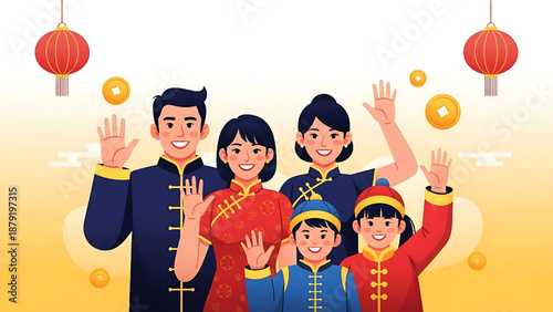 Happy Chinese New Year family reunion illustration with festive decorations and cultural attire