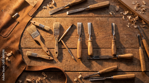Woodworking Tools and Leather Apron on Rustic Wooden Table