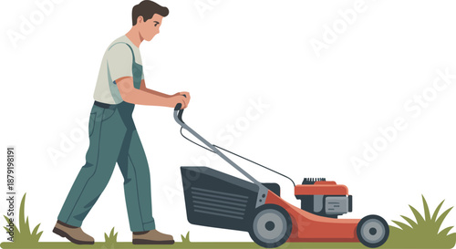 Gardener Mowing Lawn Vector Illustration Man Using Push Lawn Mower for Yard Maintenance