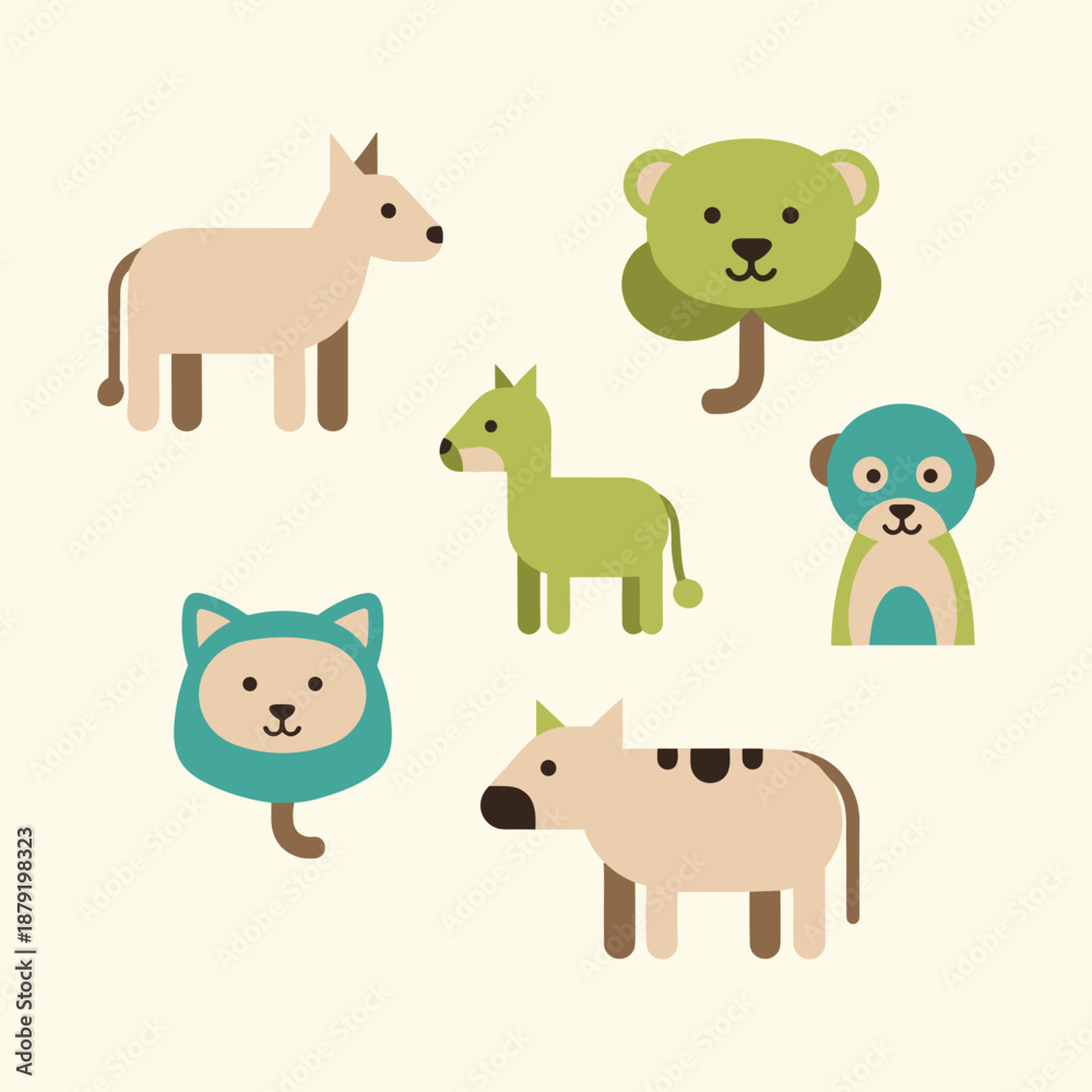 Fototapeta premium Collection of cartoon animals and a tree illustration on a simple background