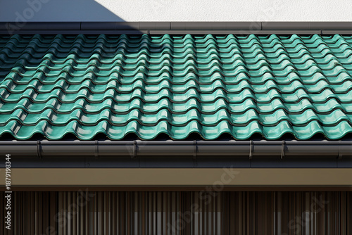 Cubierta japonesa con tejas verdes brillantes dispuestas en patrón ondulado, borde oscuro y pared blanca con sombra diagonal, simetría visual, cerámica y estilo artesanal de construcción tradicional