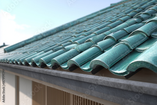 Detalle arquitectónico de tejado japonés con tejas cerámicas esmaltadas en tono verde azulado, patrón ondulado interconectado y acabado en moldura oscura, pared de listones verticales estilo tradicion